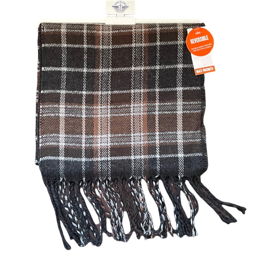 Dockers Men’s Reversible Plaid Scarf  Brown/Gray Plaid - NWT